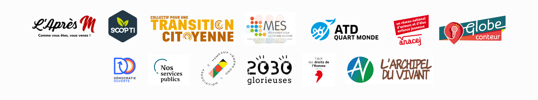 Logos des partenaires p&eacute;dagogiques et internvenant&middot;es : L'apr&egrave;sM, Scop Ti, Collectif pour une Transistion Citoyenne, Mouvement pour une &Eacute;conomie Solidaire, ATD Quart-Monde, ANACEJ, GlobeConteur, D&eacute;mocratie Ouverte, Nos Services Publics, Hameaux L&eacute;gers, 2030 Glorieuses, Ligue des Droits de l'Homme, L'archipel du Vivant